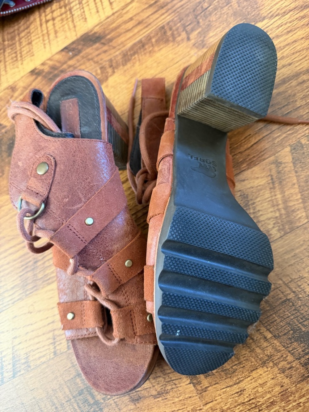Sorel Rust Brown Suede Lace-Up Wedge Sandals